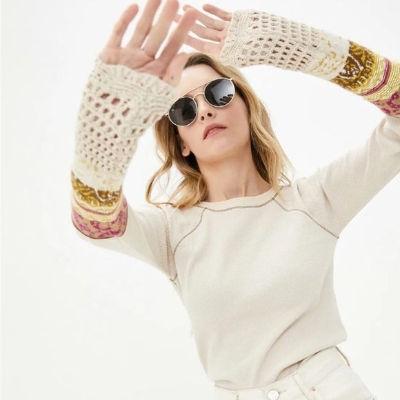 Free People Tops - [M]Free People OB1203408  In The Mix Jacquard Cuff Top Linen Combo